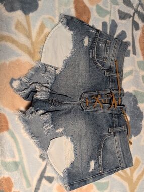 Sincerely Jules Distressed Light Blue Lace-Up Denim Jean Shorts